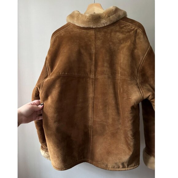 1990s Suede & Faux Fur Bomber Coat | Vintage Tan Aviator Jacket - Picture 7 of 8